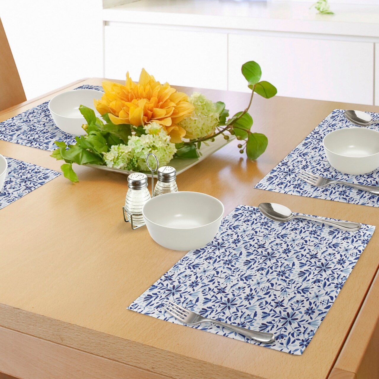Ambesonne Indigo Place Mats Set of 4, Modern Minimalist Spring Time Flowers Swirls Leaves Image, Washable Fabric Placemats for Dining Table, Standard Size, Pale Blue Navy Blue
